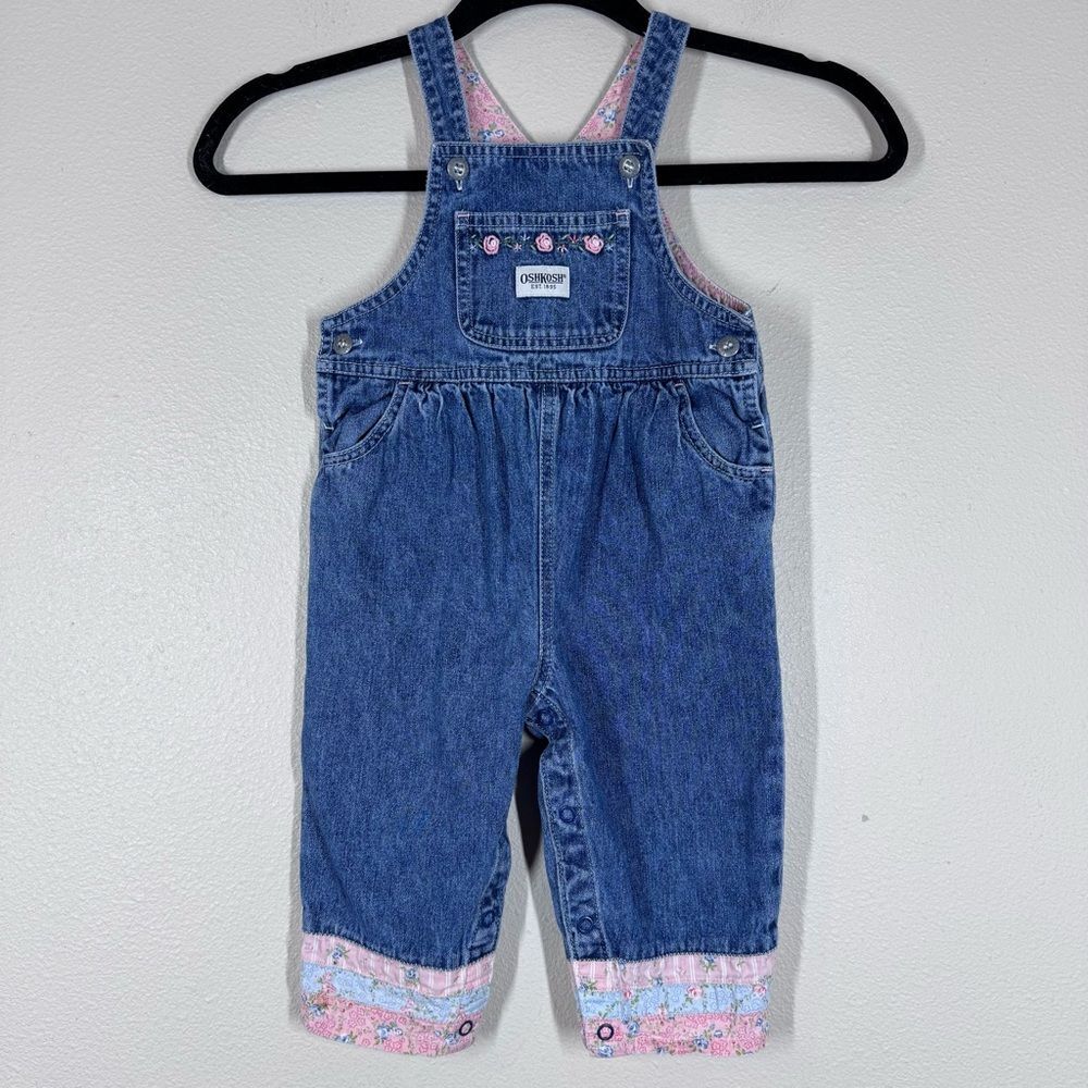 Oshkosh Vintage Baby Girl Rose Floral Denim Bib Overalls Patchwork Quilt 18 Mo